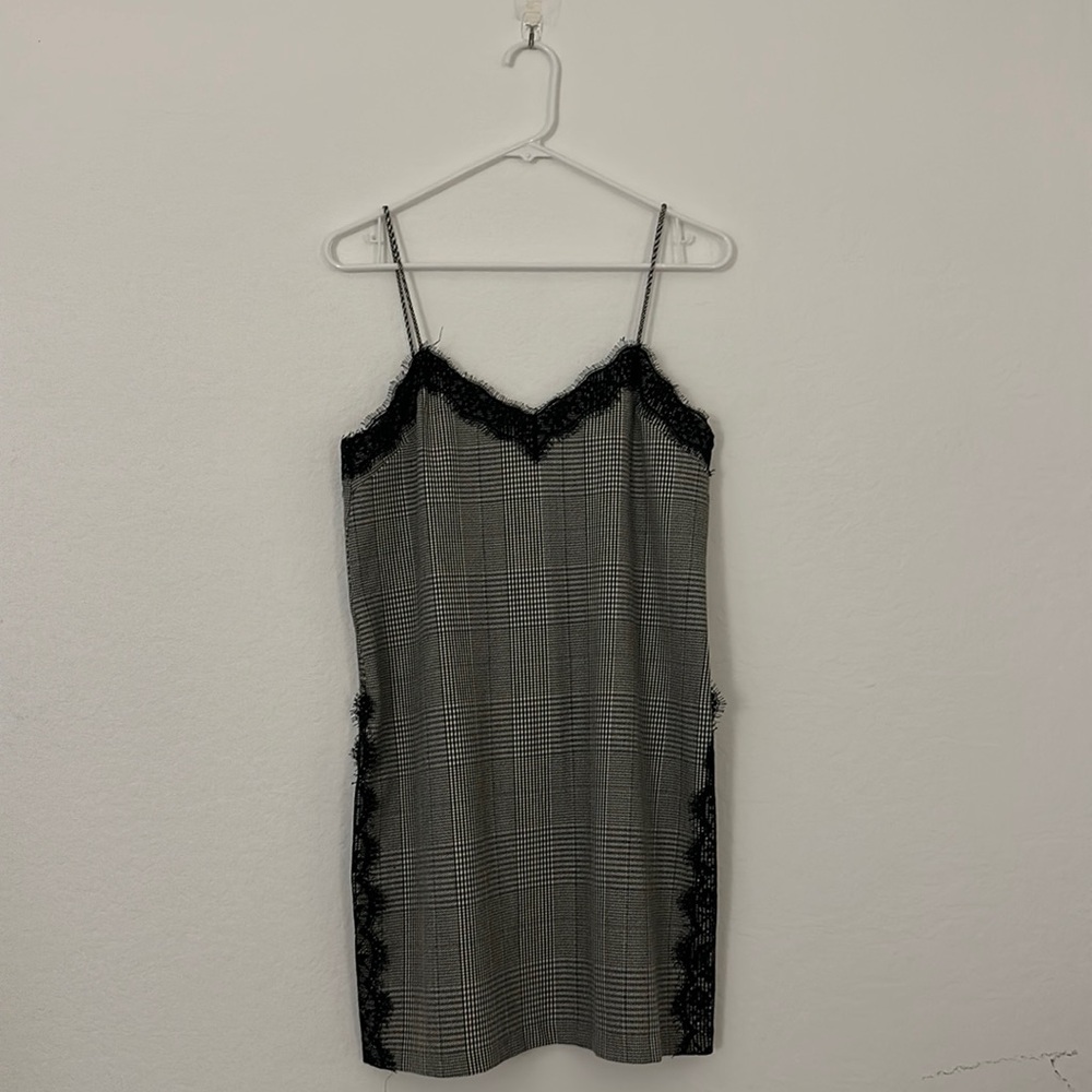 Zara Plaid Mini Dress with Lace Detail NWT